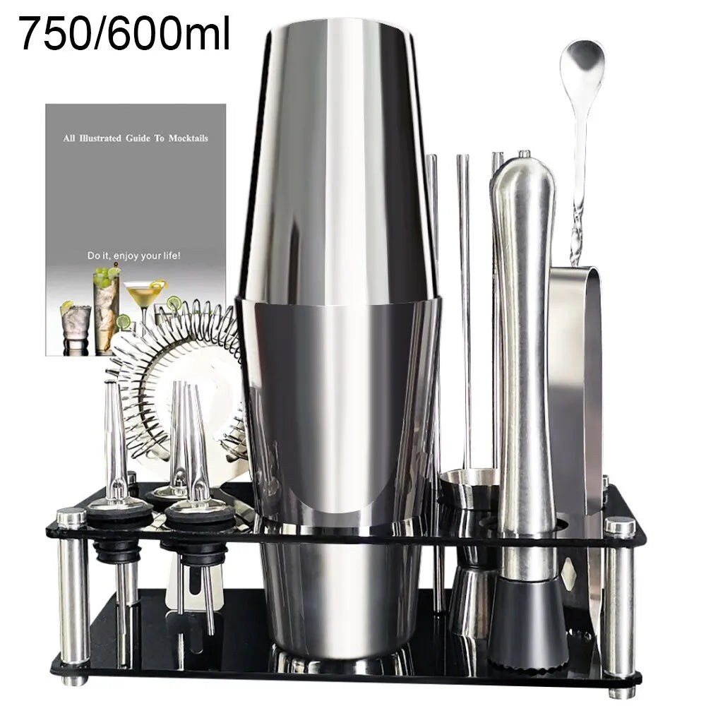 Complete Boston Cocktail Shaker Set with Stylish Holder