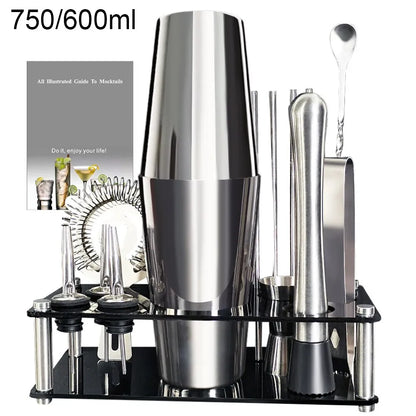 Complete Boston Cocktail Shaker Set with Stylish Holder